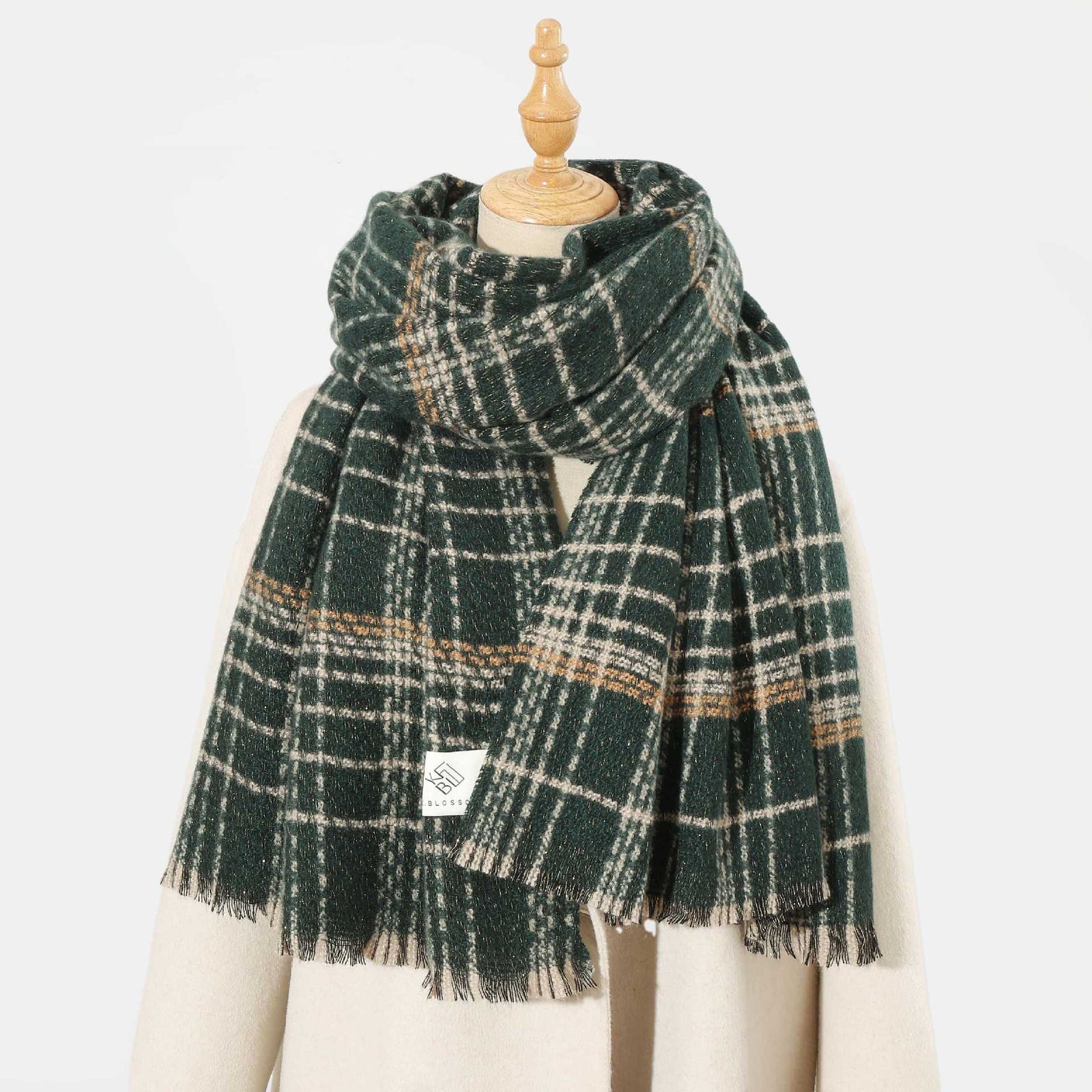 Green Chic Plaid Winter Scarf - Large Soft Polyester Shawl Wrap with Tassels, Korean Inspired Fashion