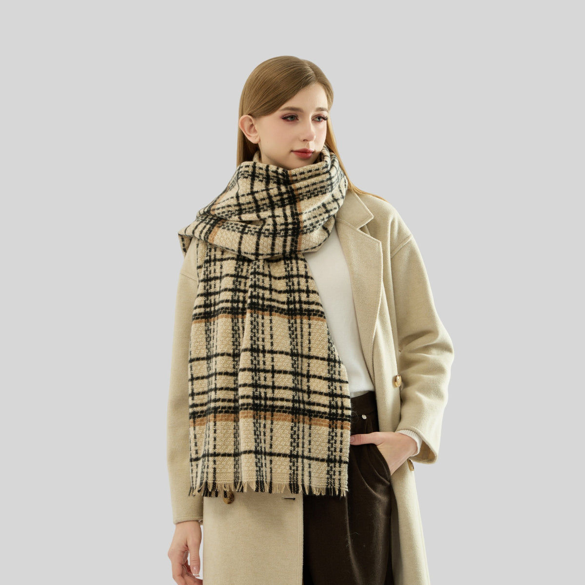 Coffee Chic Plaid Winter Scarf - Large Soft Polyester Shawl Wrap with Tassels, Korean Inspired Fashion