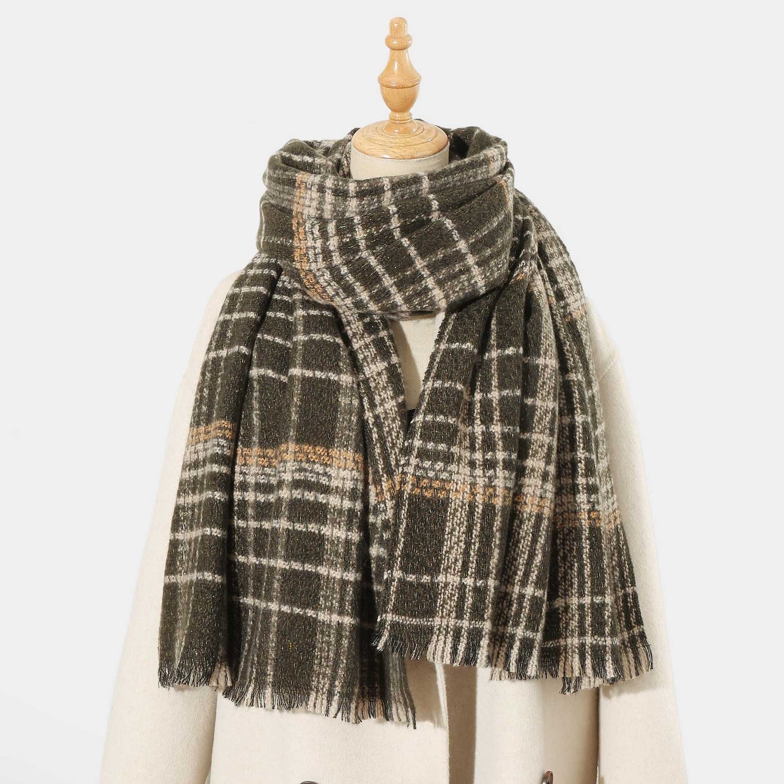 Dark Grey Chic Plaid Winter Scarf - Large Soft Polyester Shawl Wrap with Tassels, Korean Inspired Fashion