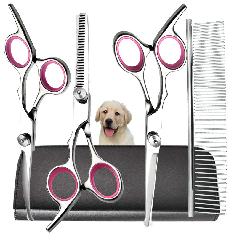Pink and Silver Complete 5-Piece Pet Grooming Scissors Kit - Stainless Steel Straight, Curved &amp; Thinning Shears with Comb &amp; PU Case (6.0 Inch)