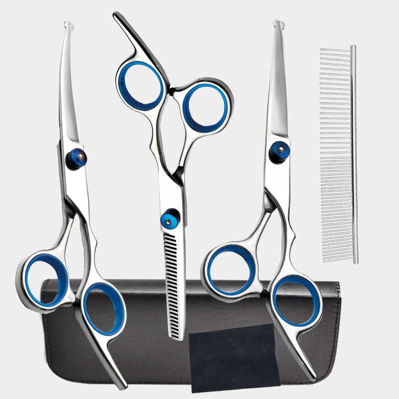 Blue and Silver Complete 5-Piece Pet Grooming Scissors Kit - Stainless Steel Straight, Curved &amp; Thinning Shears with Comb &amp; PU Case (6.0 Inch)