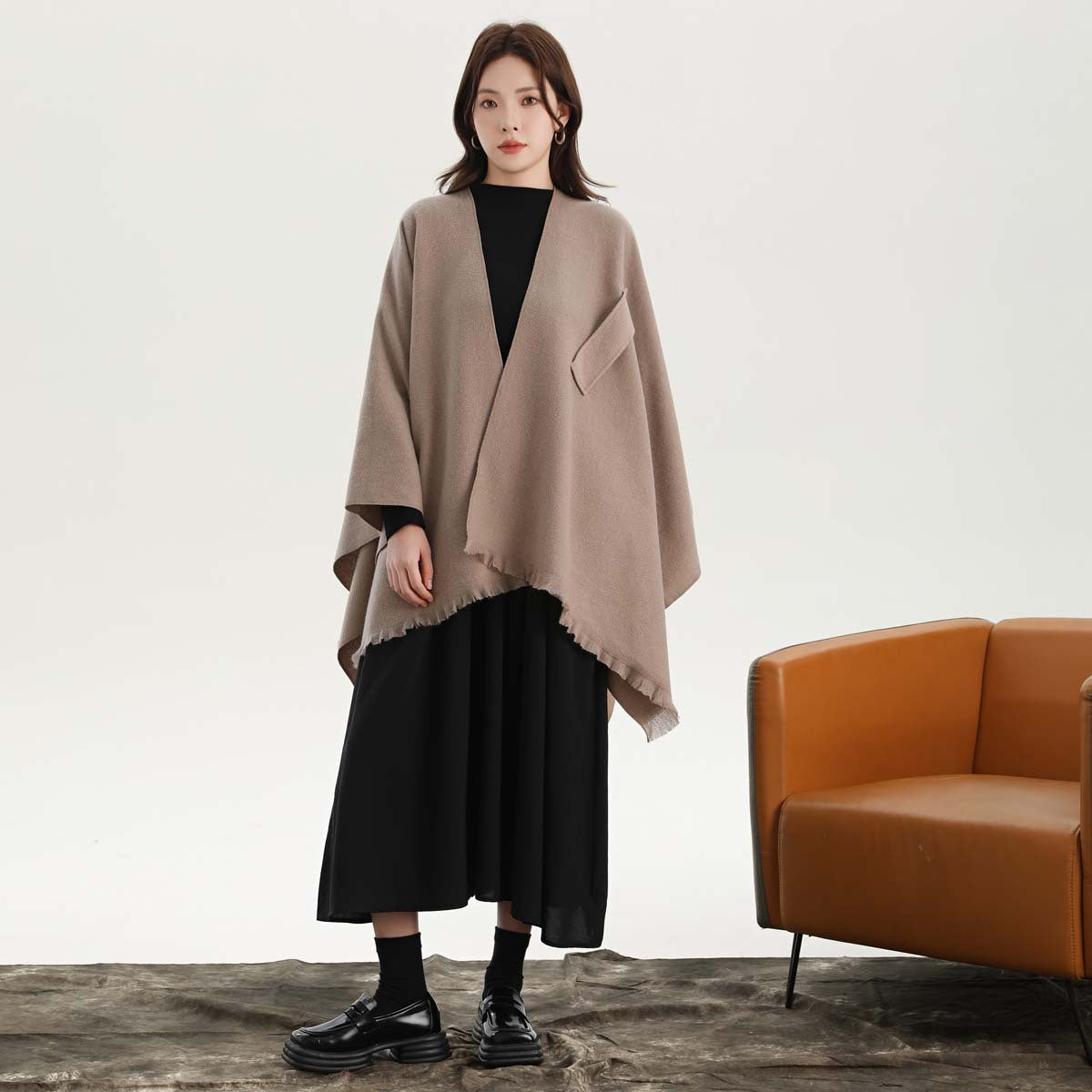 Khaki Elegant Soft Knit Poncho Cape - Warm Autumn Winter Shawl Wrap with Side Tie, Thick &amp; Luxurious Feel