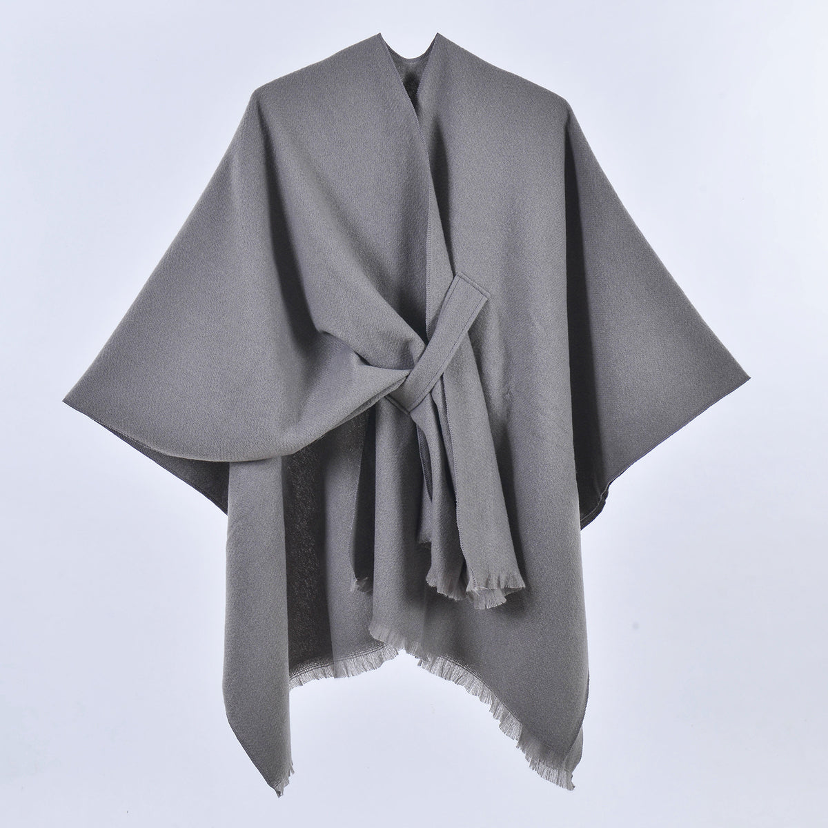 Grey Elegant Soft Knit Poncho Cape - Warm Autumn Winter Shawl Wrap with Side Tie, Thick &amp; Luxurious Feel