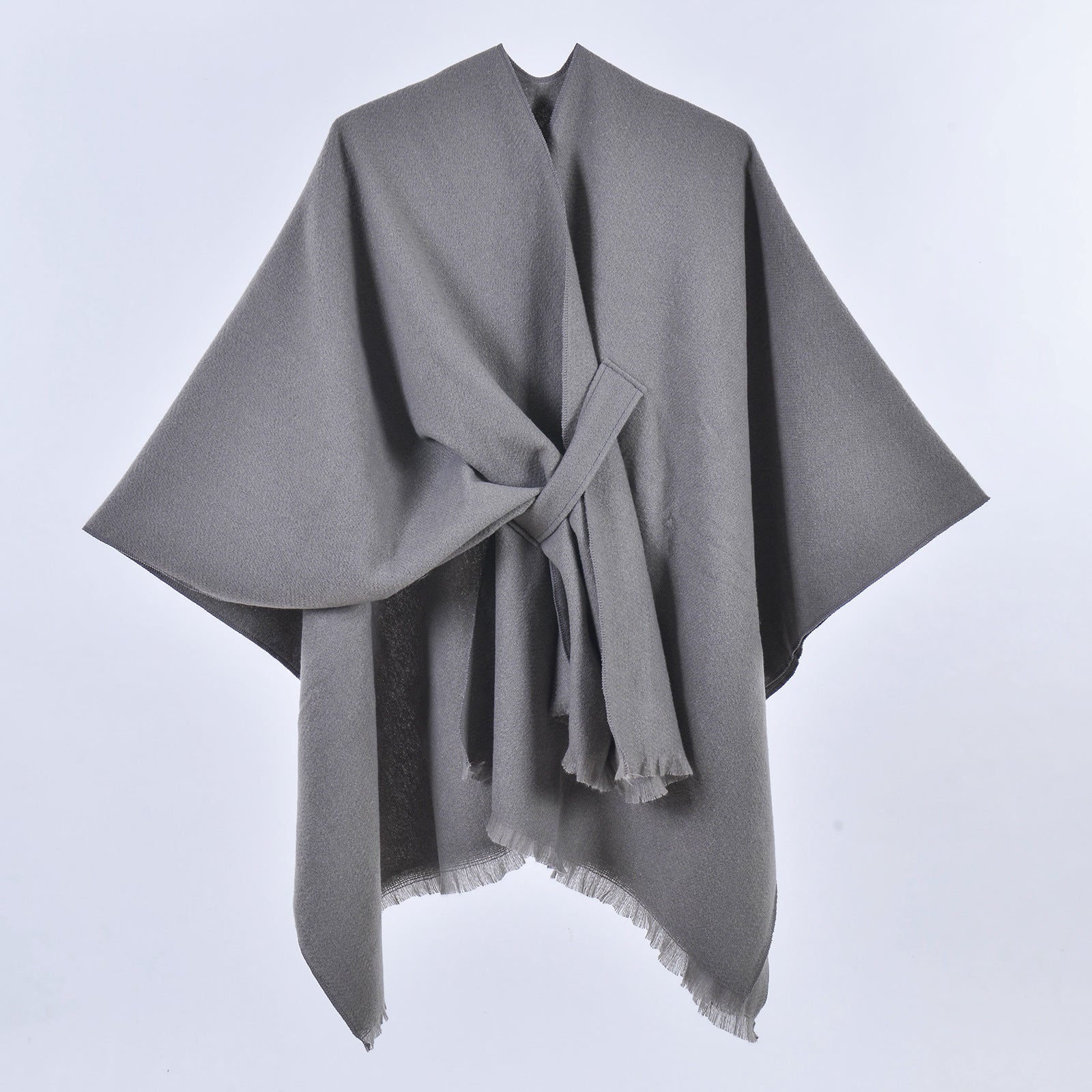 Grey Elegant Soft Knit Poncho Cape - Warm Autumn Winter Shawl Wrap with Side Tie, Thick & Luxurious Feel
