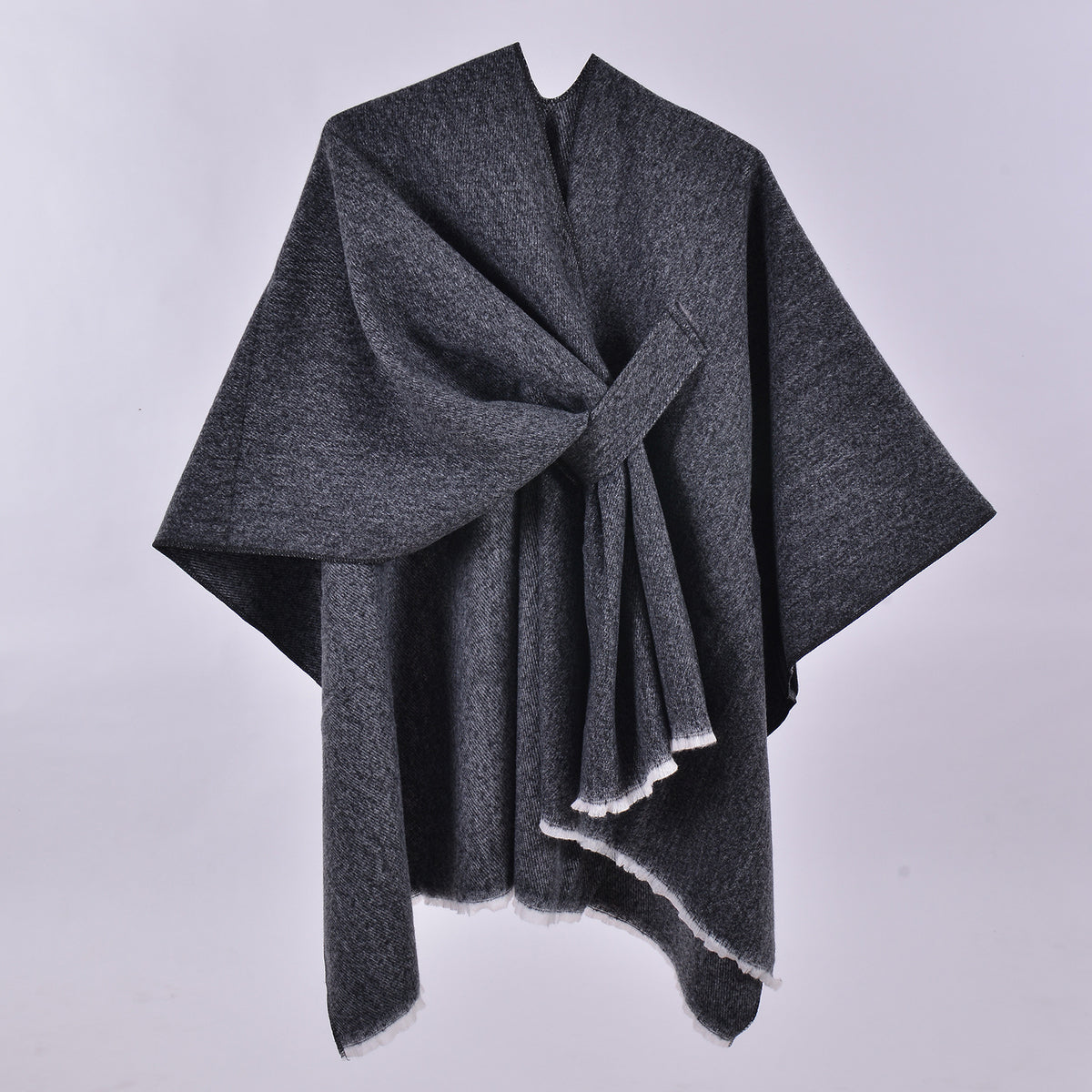 Black and White Elegant Soft Knit Poncho Cape - Warm Autumn Winter Shawl Wrap with Side Tie, Thick & Luxurious Feel