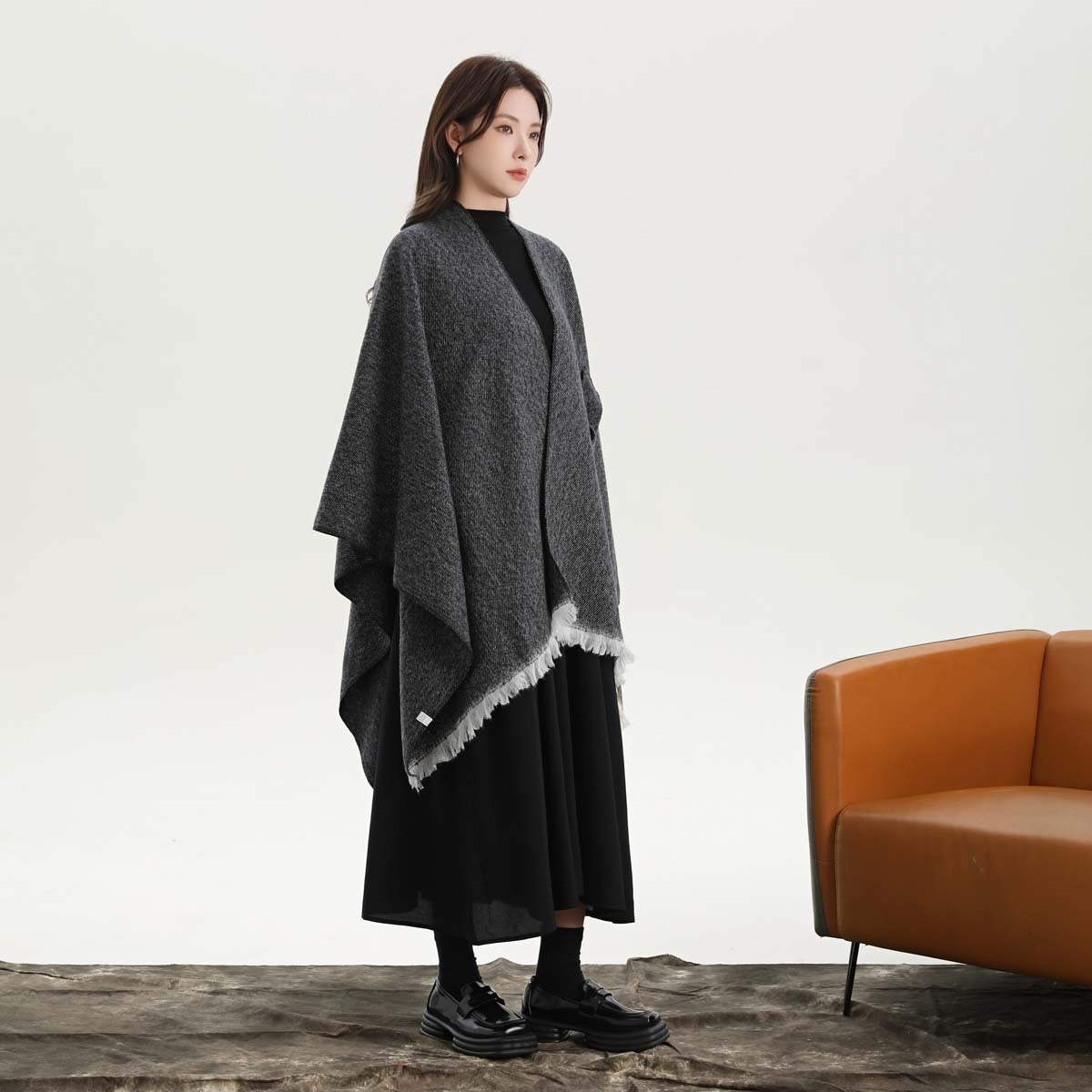 Black and White Elegant Soft Knit Poncho Cape - Warm Autumn Winter Shawl Wrap with Side Tie, Thick & Luxurious Feel