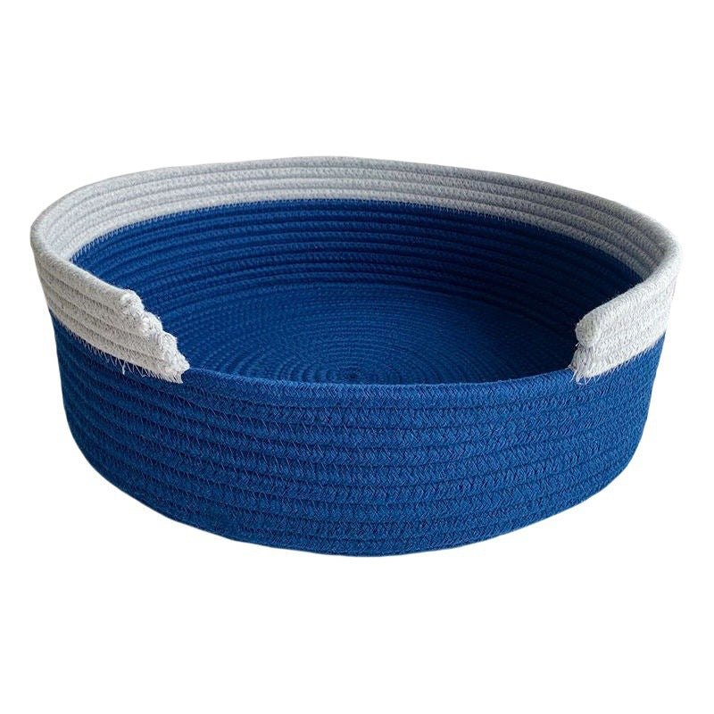 Blue and White Chic Two-Tone Woven Cotton Rope Cat Bed - Cozy Handmade Pet Nest &amp; Storage Basket