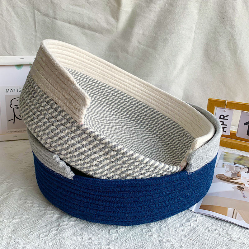 Blue and White Chic Two-Tone Woven Cotton Rope Cat Bed - Cozy Handmade Pet Nest & Storage Basket