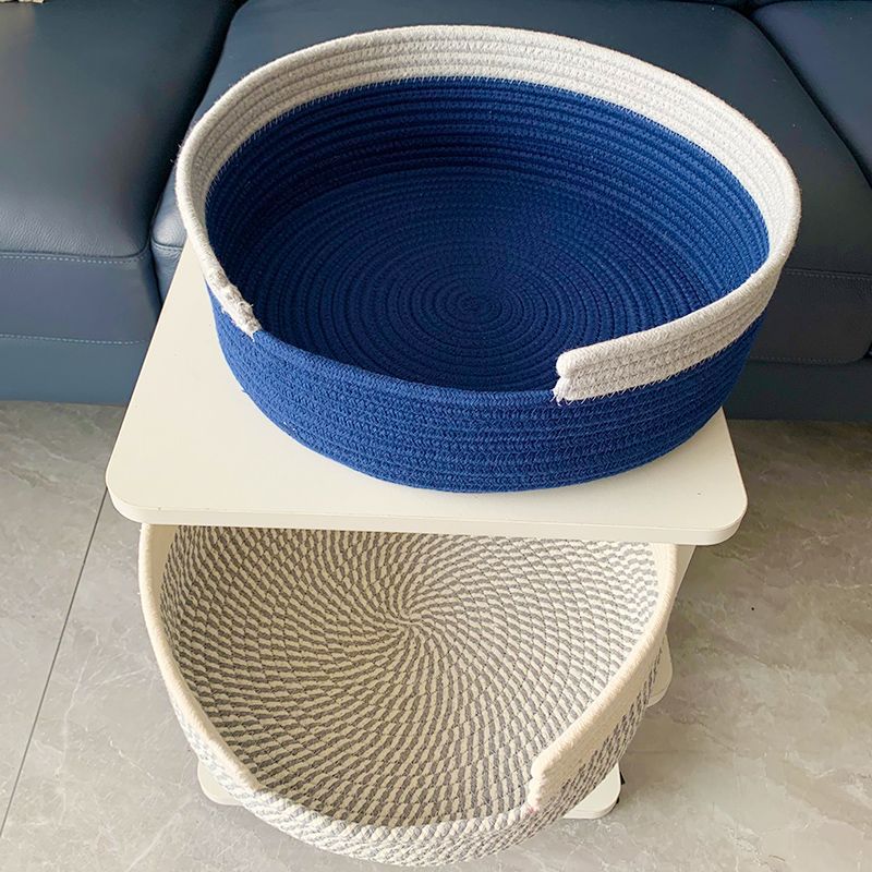 Blue and White Chic Two-Tone Woven Cotton Rope Cat Bed - Cozy Handmade Pet Nest & Storage Basket