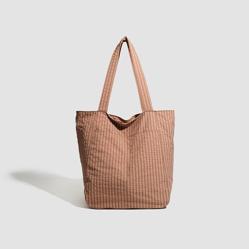 Brown Stylish Lightweight Seersucker Gingham Tote Bag - Spacious Multi-Pocket Shoulder Bag with Zipper