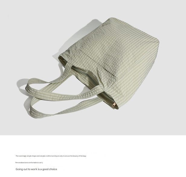 Brown Stylish Lightweight Seersucker Gingham Tote Bag - Spacious Multi-Pocket Shoulder Bag with Zipper