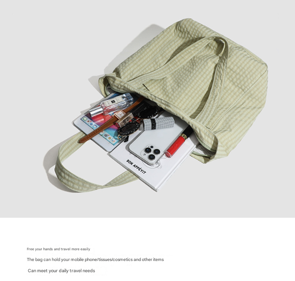 Light Green Stylish Lightweight Seersucker Gingham Tote Bag - Spacious Multi-Pocket Shoulder Bag with Zipper