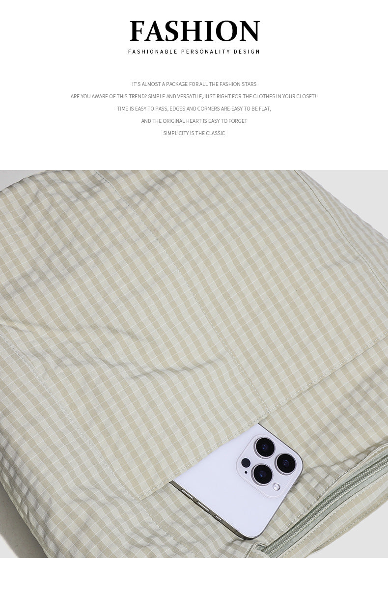 Light Green Stylish Lightweight Seersucker Gingham Tote Bag - Spacious Multi-Pocket Shoulder Bag with Zipper