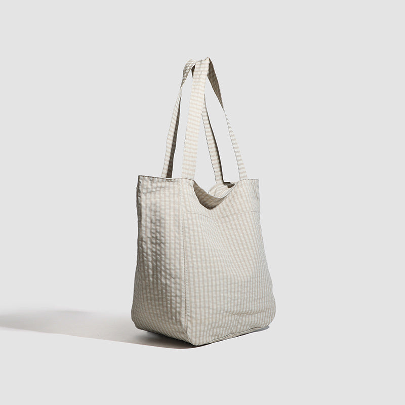 Beige Stylish Lightweight Seersucker Gingham Tote Bag - Spacious Multi-Pocket Shoulder Bag with Zipper