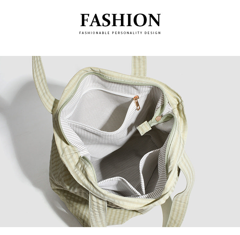 Beige Stylish Lightweight Seersucker Gingham Tote Bag - Spacious Multi-Pocket Shoulder Bag with Zipper