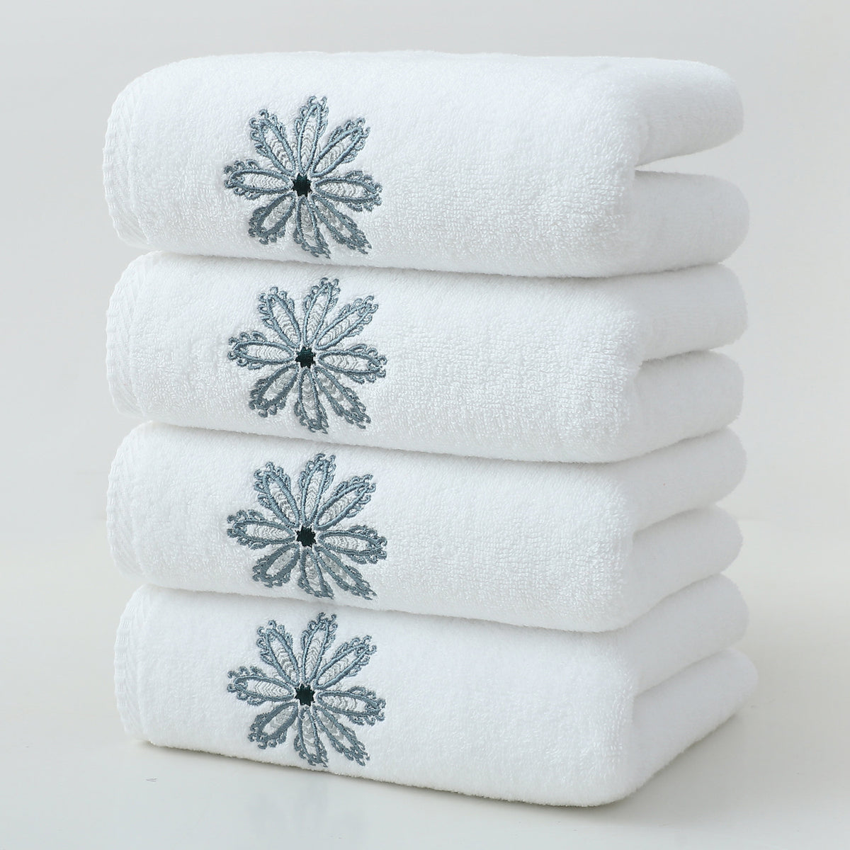 White 4-Pack Elegant Green Floral Embroidered Cotton Hand Towels - Ultra Soft &amp; Absorbent