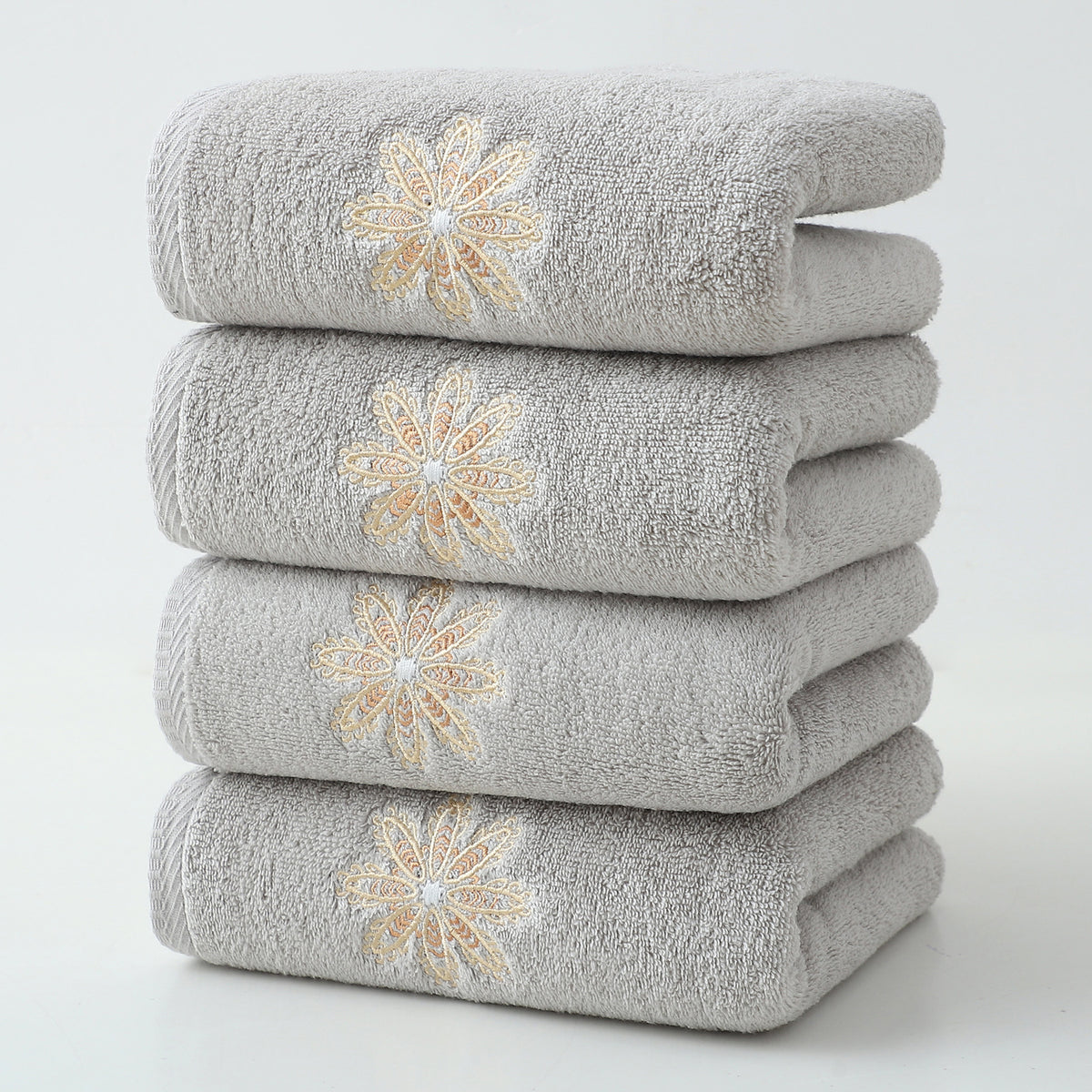 Grey 4-Pack Elegant Glod Floral Embroidered Cotton Hand Towels - Ultra Soft &amp; Absorbent