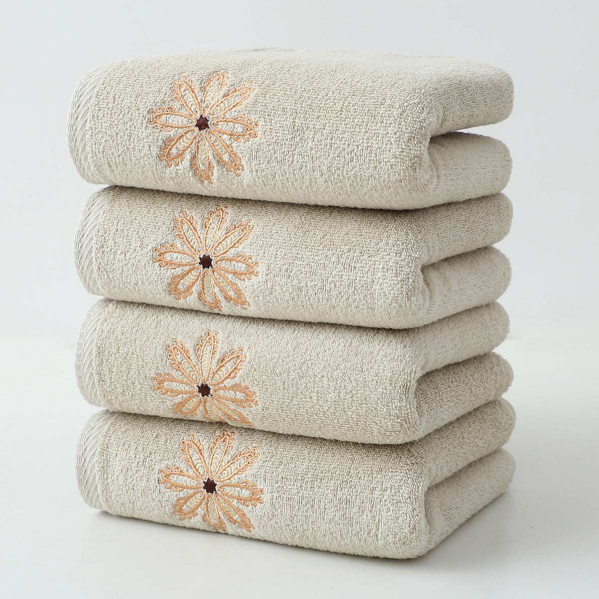 Beige 4-Pack Elegant Orange Floral Embroidered Cotton Hand Towels - Ultra Soft &amp; Absorbent