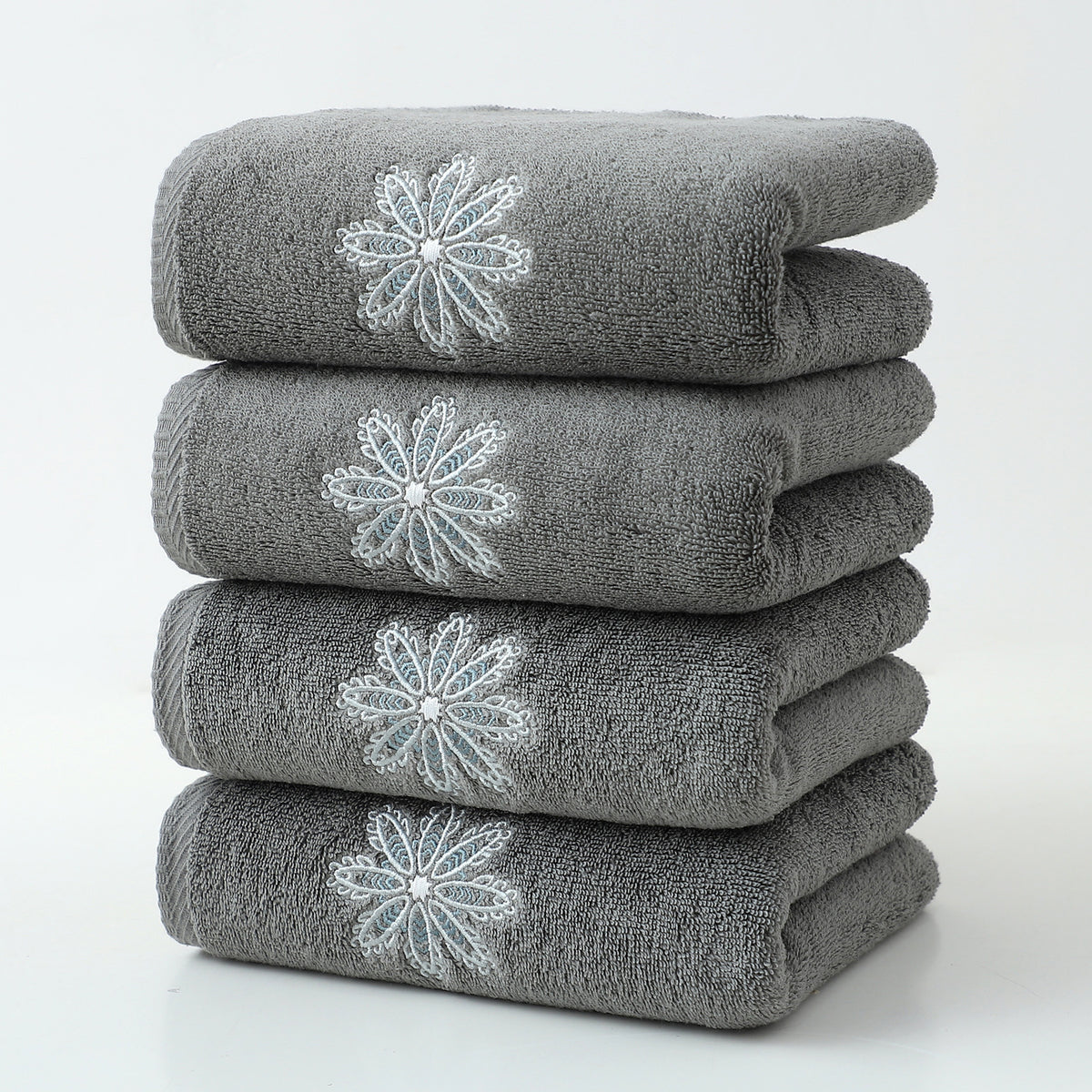 Dark Grey 4-Pack Elegant Blue Floral Embroidered Cotton Hand Towels - Ultra Soft &amp; Absorbent
