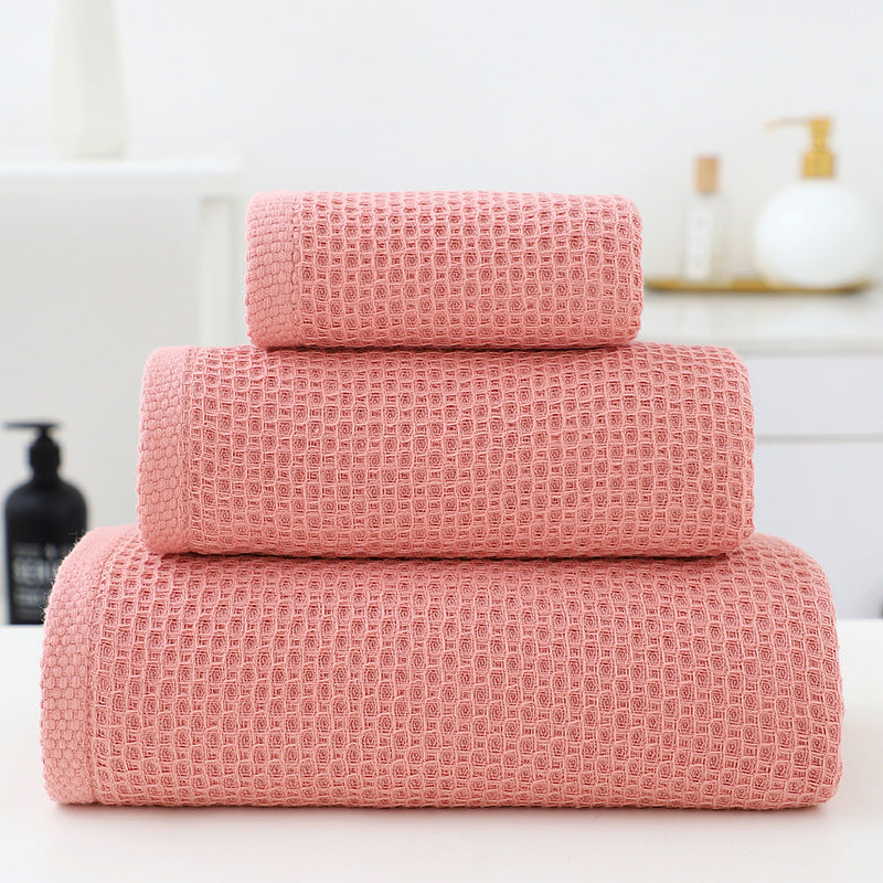 Pink Premium 3-Piece Waffle Weave Cotton Towel Set - Lightweight, Quick-Dry &amp; Absorbent - Bath, Hand, Face Cloth