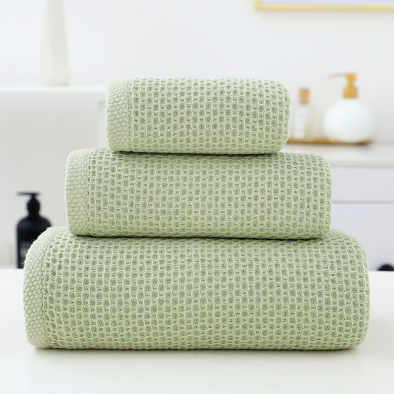 Green Premium 3-Piece Waffle Weave Cotton Towel Set - Lightweight, Quick-Dry &amp; Absorbent - Bath, Hand, Face Cloth