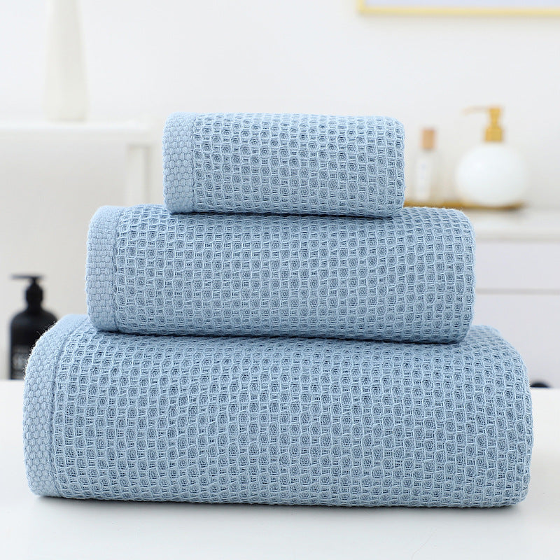 Blue Premium 3-Piece Waffle Weave Cotton Towel Set - Lightweight, Quick-Dry &amp; Absorbent - Bath, Hand, Face Cloth
