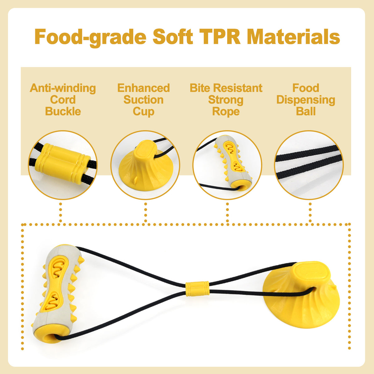 Yellow Interactive Dog Suction Cup Tug Toy - Durable TPR Chew &amp; Treat Dispenser for Teeth Cleaning &amp; Solo Play
