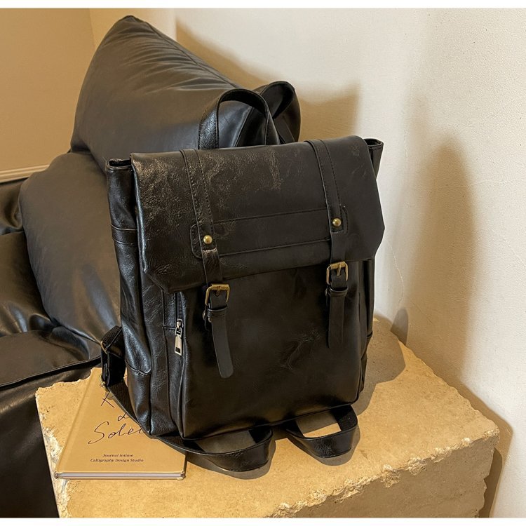 Black Vintage Style PU Leather Backpack - Large Capacity Women's Rucksack for University, Commute &amp; Travel