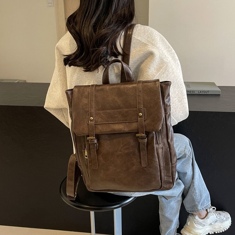 Brown Vintage Style PU Leather Backpack - Large Capacity Women's Rucksack for University, Commute & Travel