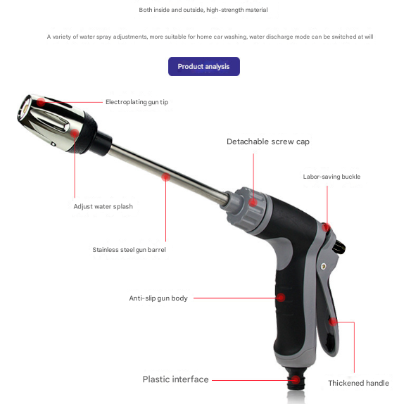 Black and Grey Heavy Duty Long Wand Garden Hose Nozzle - High Pressure Water Spray Gun with Adjustable Patterns for Car Wash, Plants &amp; Cleaning