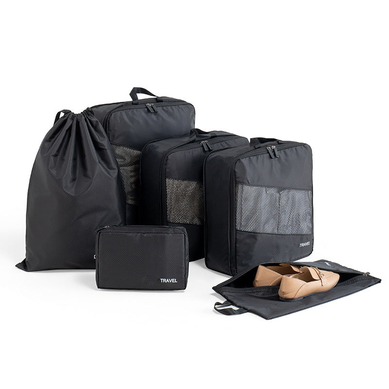 Black Premium 6-Piece Compression Packing Cubes Set - Lightweight Polyester Travel Organizers for Luggage, Includes Shoe Bag &amp; Toiletry Pouch