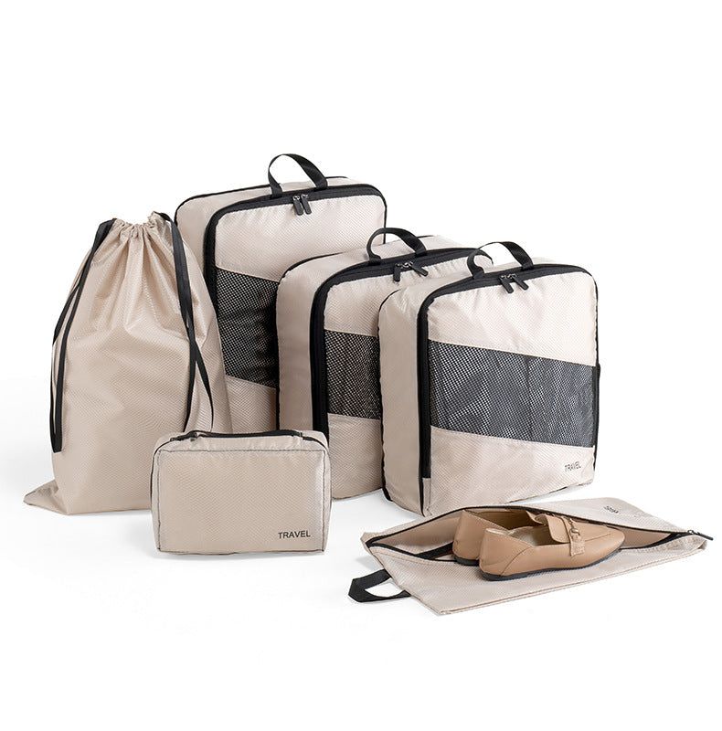 Beige and Black Premium 6-Piece Compression Packing Cubes Set - Lightweight Polyester Travel Organizers for Luggage, Includes Shoe Bag &amp; Toiletry Pouch