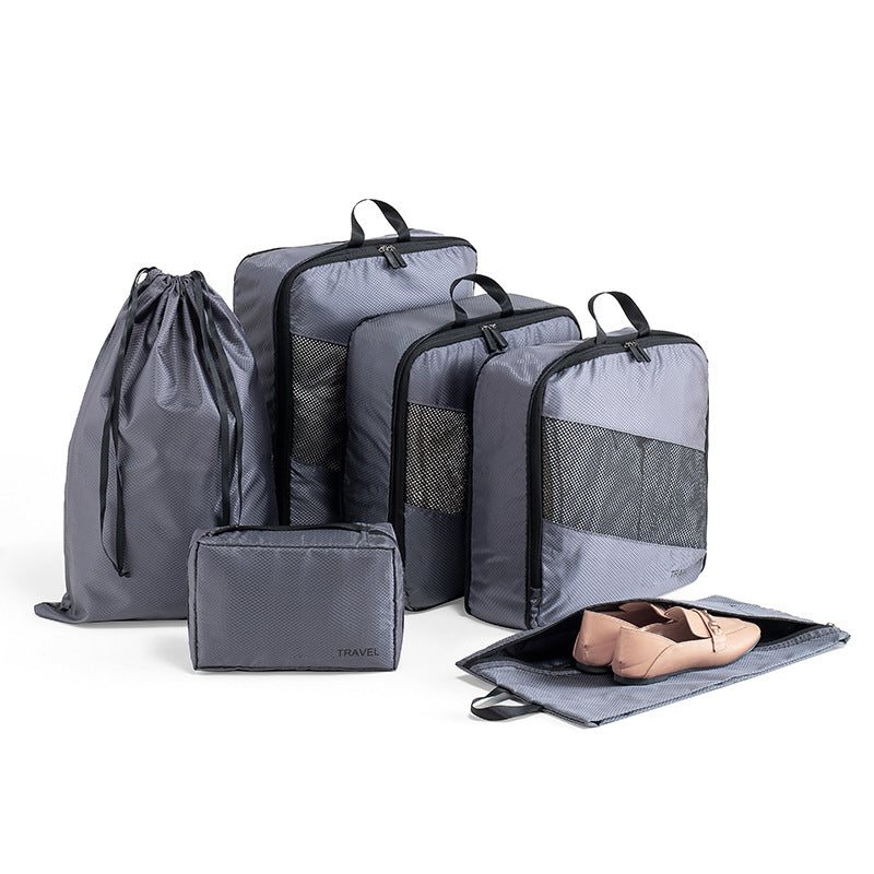 Grey and Black Premium 6-Piece Compression Packing Cubes Set - Lightweight Polyester Travel Organizers for Luggage, Includes Shoe Bag &amp; Toiletry Pouch