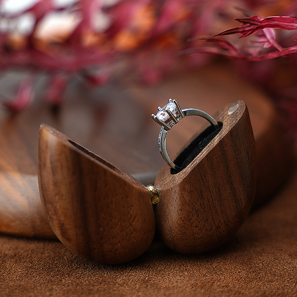 Brown Elegant Walnut Wood Heart Ring Box - Magnetic Closure for Proposal, Engagement & Wedding Jewelry