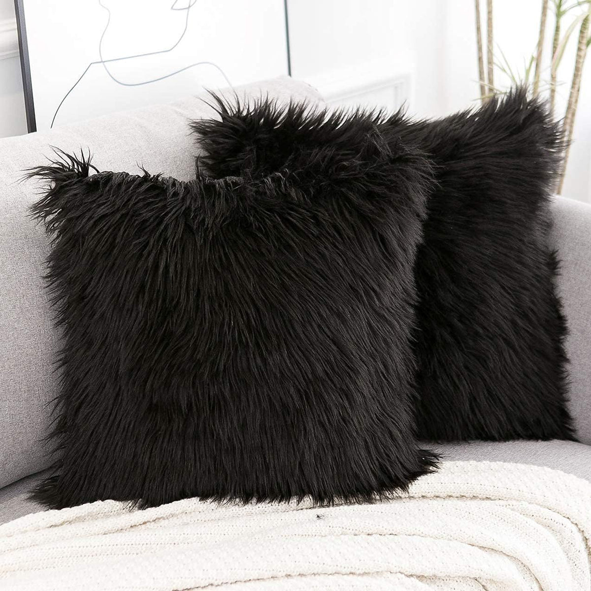 Black Luxurious Long Faux Fur Cushion Covers - Set of 2, 45x45cm Soft Plush Decorative Pillowcases for Sofa &amp; Bed