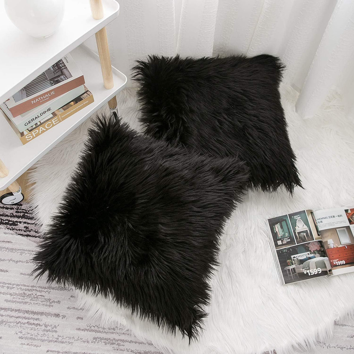 Black Luxurious Long Faux Fur Cushion Covers - Set of 2, 45x45cm Soft Plush Decorative Pillowcases for Sofa & Bed