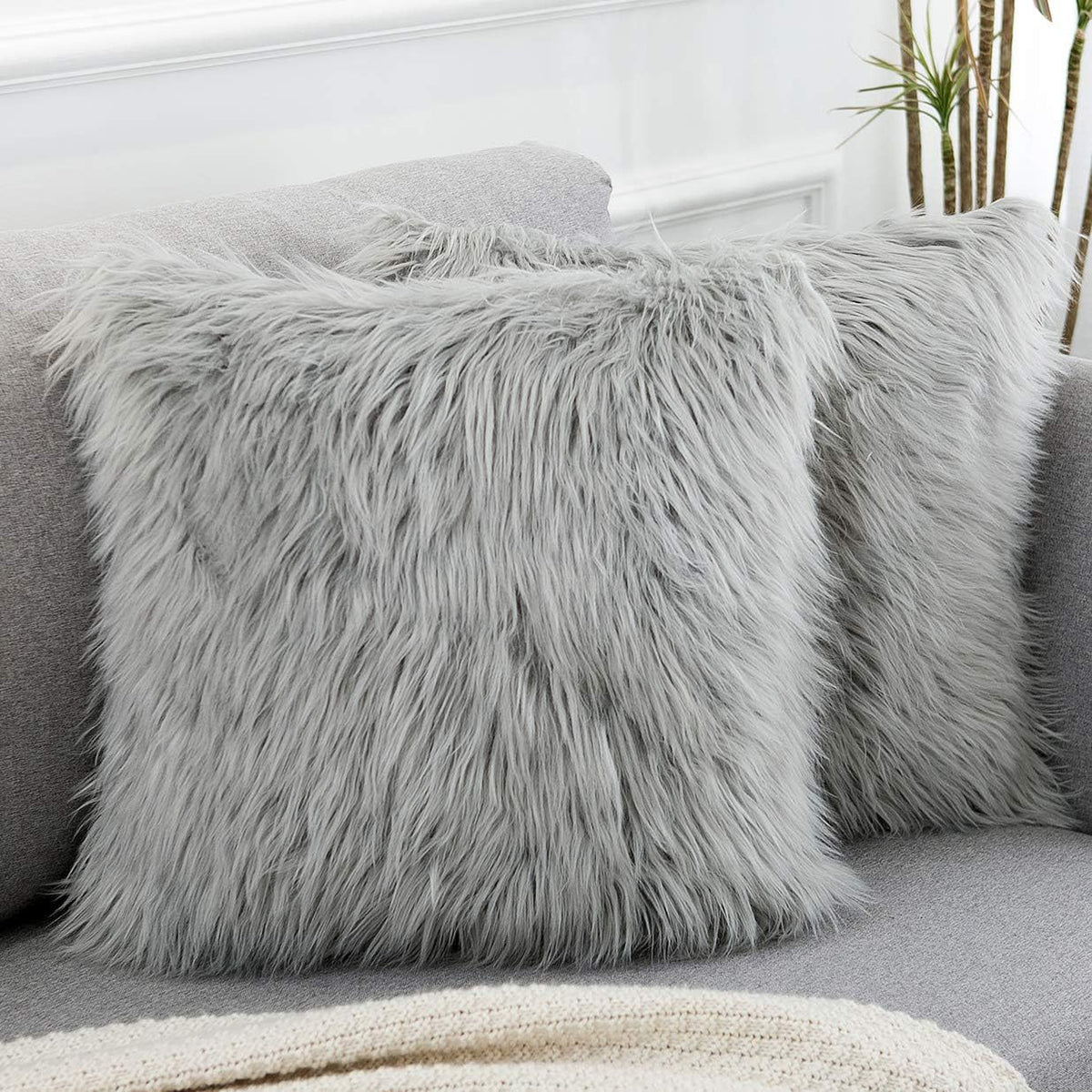 Grey Luxurious Long Faux Fur Cushion Covers - Set of 2, 45x45cm Soft Plush Decorative Pillowcases for Sofa &amp; Bed