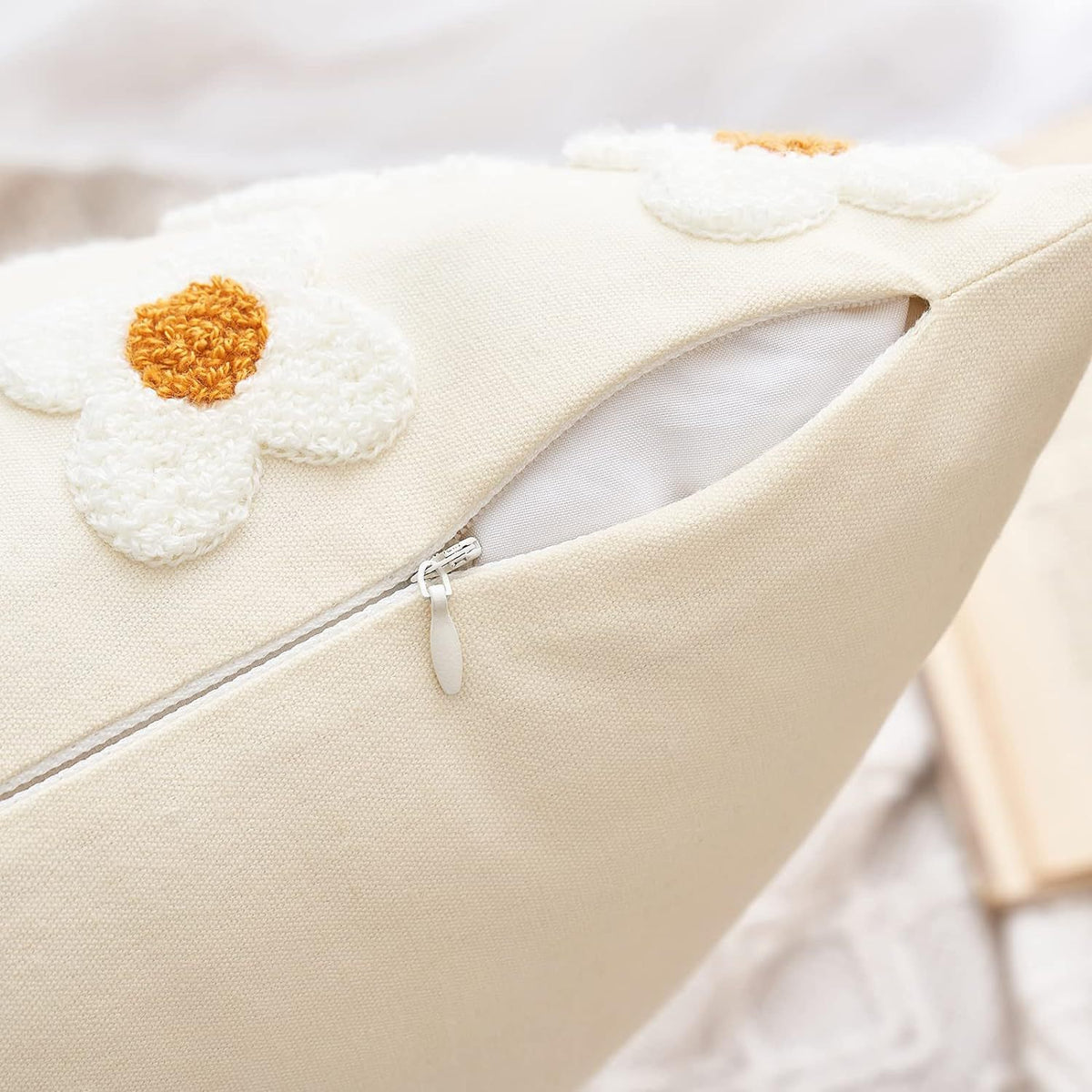 Beige and Khaki Charming 3D Daisy Embroidered Canvas Cushion Covers - Set of 2, 45x45cm Soft Textured Decorative Pillowcases