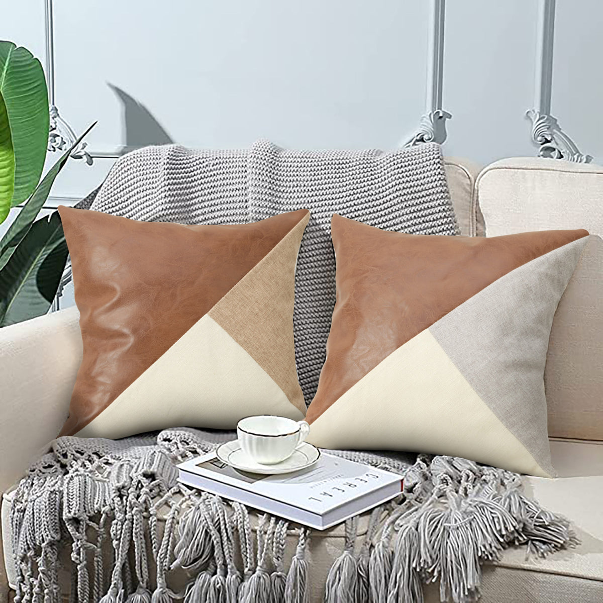 Khaki and Gray Modern Geometric Faux Leather &amp; Cotton-Linen Cushion Covers - Set of 2, 45x45cm Decorative Pillowcases for Sofa &amp; Car