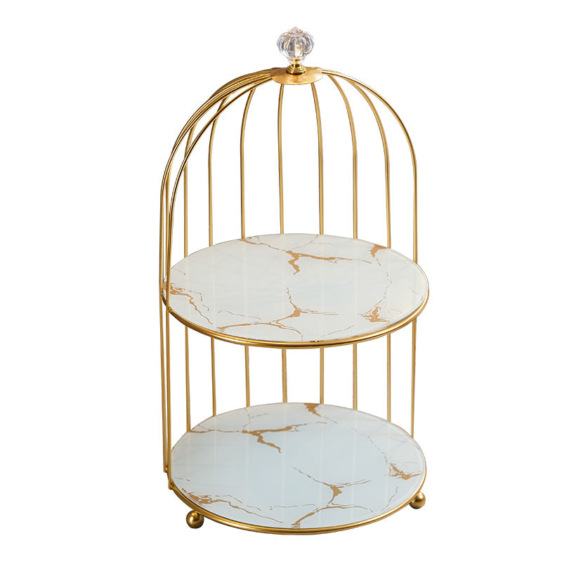 Gold and White Elegant 2-Tier Gold Birdcage Cosmetic Organizer - Wrought Iron Countertop Storage Rack for Skincare, Makeup &amp; Jewelry