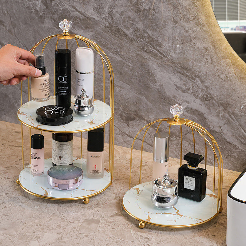 Gold and White Elegant 2-Tier Gold Birdcage Cosmetic Organizer - Wrought Iron Countertop Storage Rack for Skincare, Makeup & Jewelry