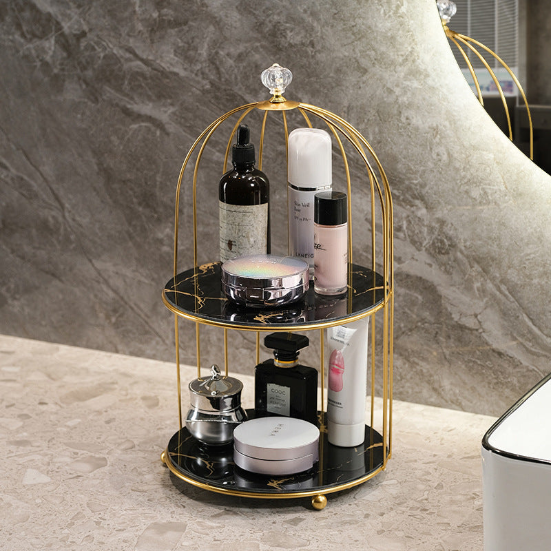 Gold and Black Elegant 2-Tier Gold Birdcage Cosmetic Organizer - Wrought Iron Countertop Storage Rack for Skincare, Makeup &amp; Jewelry