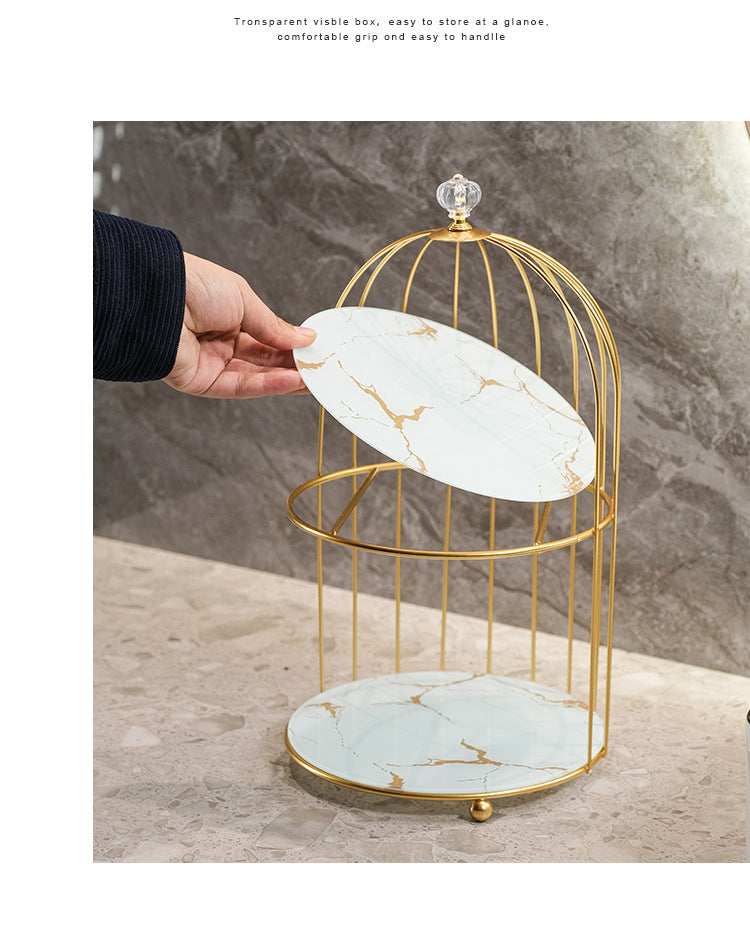 Gold and Black Elegant 2-Tier Gold Birdcage Cosmetic Organizer - Wrought Iron Countertop Storage Rack for Skincare, Makeup & Jewelry