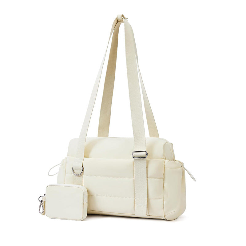 Beige Chic Women&#39;s Mini Gym Duffel Bag - Lightweight Nylon Shoulder Tote with Wet Pocket, Multiple Compartments &amp; Removable Pouch