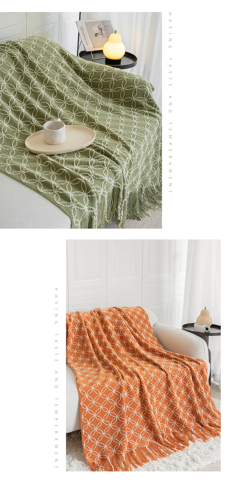 Light Green Cozy Geometric Knitted Throw Blanket with Tassels - Soft Acrylic Decorative Sofa & Bed Cover, 130x180cm