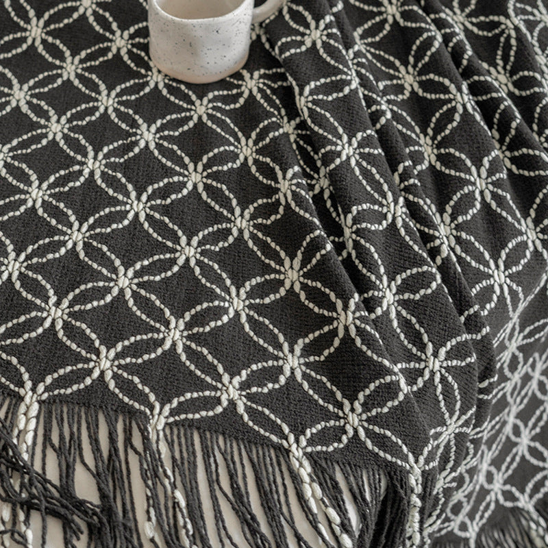 Light Green Cozy Geometric Knitted Throw Blanket with Tassels - Soft Acrylic Decorative Sofa & Bed Cover, 130x180cm