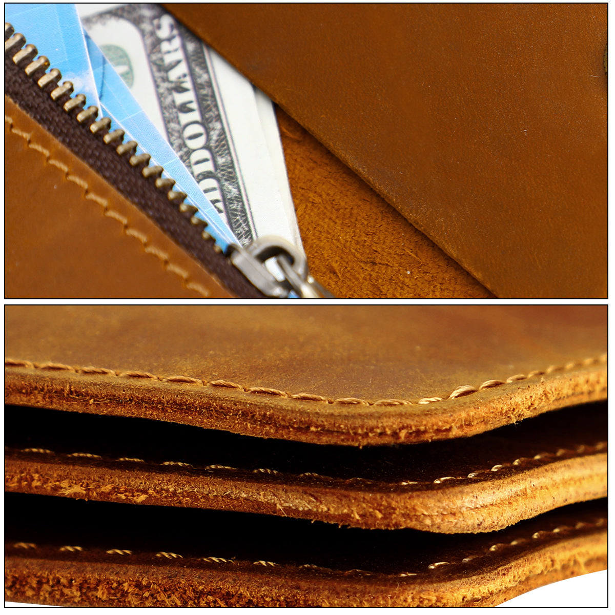 Khaki Vintage Handmade Crazy Horse Leather Wallet - Compact Card Holder & Zippered Coin Purse with Snap Closure