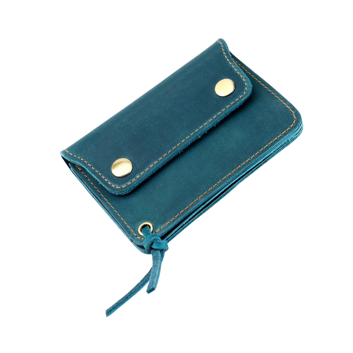 Blue Vintage Handmade Crazy Horse Leather Wallet - Compact Card Holder &amp; Zippered Coin Purse with Snap Closure