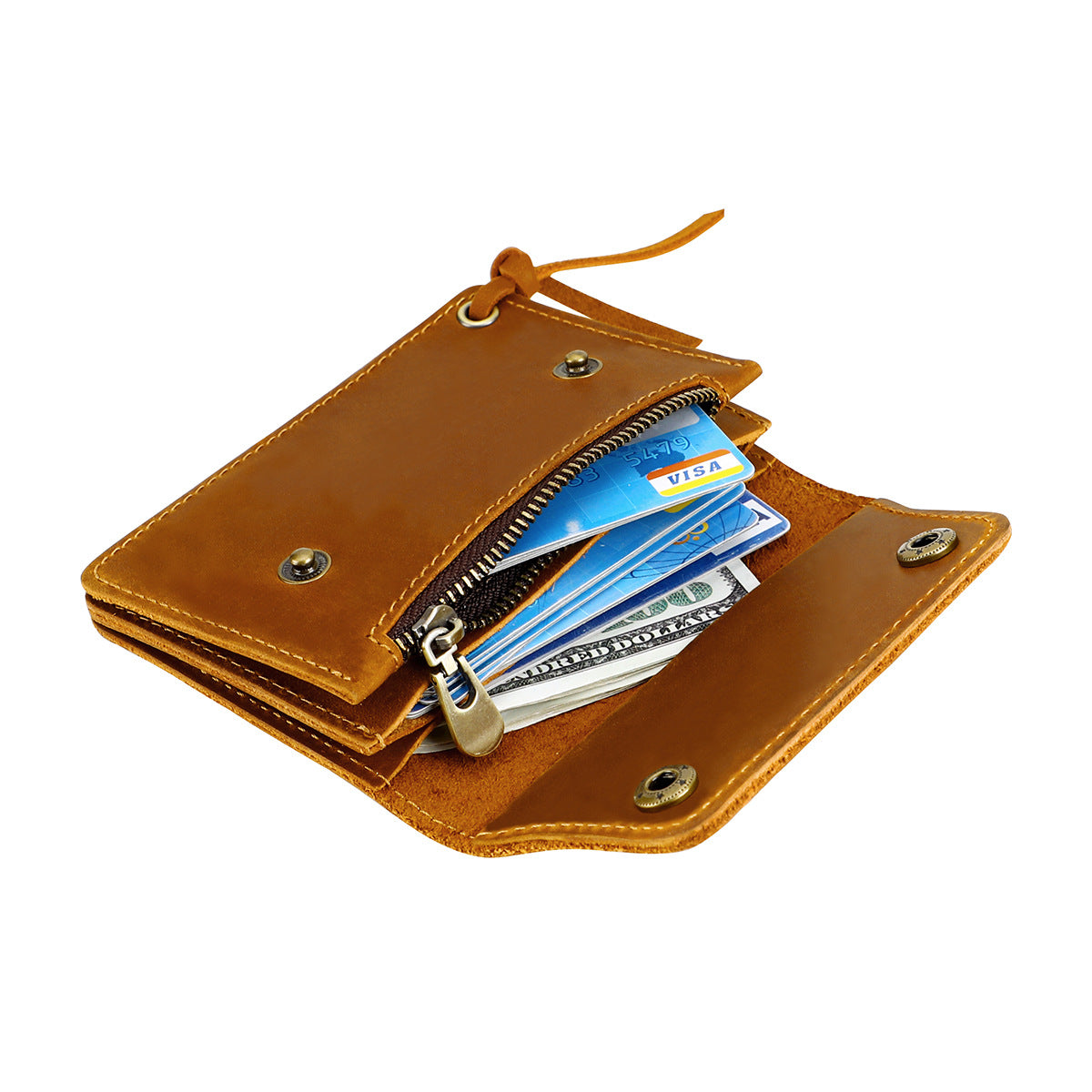 Red Vintage Handmade Crazy Horse Leather Wallet - Compact Card Holder & Zippered Coin Purse with Snap Closure