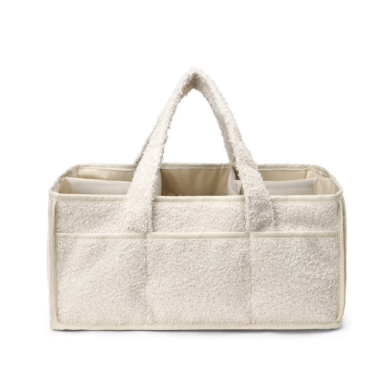 White Large Plush Nappy Caddy Organizer - Portable Diaper Storage Bin &amp; Nursery Tote Bag